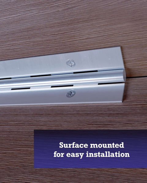Surface-mounted Heavy-Duty Continuous Pin Piano Hinge, 36 Inch by 1-1/2 Inch, Nickel Plated for cabinets and tool sheds.