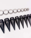 Essential 32 Piece 00G Ear Stretching Kit with black acrylic tapers and steel tunnels for 1 inch gauge by CABBE KALLO