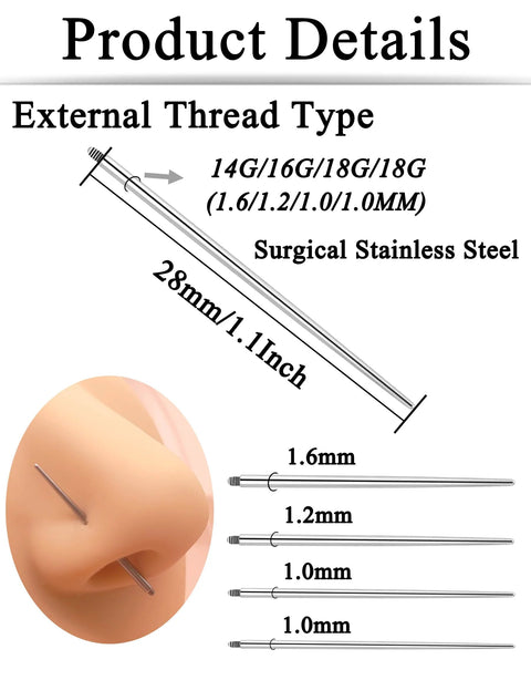 External thread surgical steel taper for piercing 14G-18G, showing needle detail and nose application, part of Twelve Piece Surgical Steel Piercing Taper Set 20G 18G 16G 14G