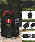 Front view of 170 Piece Survival First Aid Kit With Trauma Gear, MOLLE pouch, 8x5.9x4.3 inches, black camo design.