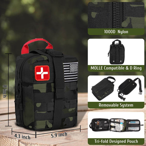 Front view of 170 Piece Survival First Aid Kit With Trauma Gear, MOLLE pouch, 8x5.9x4.3 inches, black camo design.