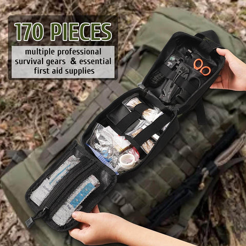 170 Piece Survival First Aid Kit With Trauma Gear For Hiking Camping And Backpacking held open, showing contents against a backpack.
