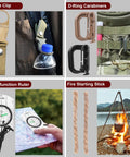 118-In-1 Survival Kit For Outdoor Adventurers And Weekend Preppers Military-Grade Emergency Gear Bundle featuring tools like bottle clip, D-ring carabiners, multi-function ruler, and fire starting sticks.