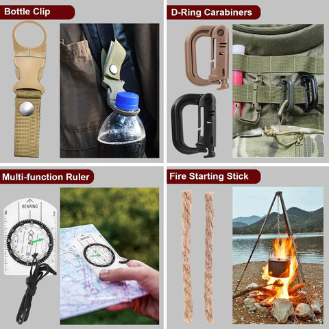 118-In-1 Survival Kit For Outdoor Adventurers And Weekend Preppers Military-Grade Emergency Gear Bundle featuring tools like bottle clip, D-ring carabiners, multi-function ruler, and fire starting sticks.