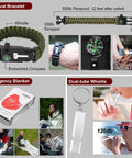 Collage of 118-In-1 Survival Kit items, including a survival bracelet, emergency blanket, and dual-tube whistle for adventurers.