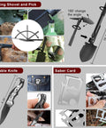 118-In-1 Survival Kit For Outdoor Adventurers And Weekend Preppers Military-Grade Emergency Gear Bundle with tools like folding shovel, knife, and saber card.