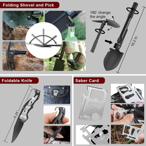118-In-1 Survival Kit For Outdoor Adventurers And Weekend Preppers Military-Grade Emergency Gear Bundle with tools like folding shovel, knife, and saber card.