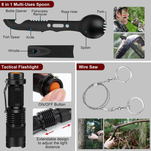 118-In-1 Survival Kit For Outdoor Adventurers And Weekend Preppers Military-Grade Emergency Gear Bundle showing multi-use tools.