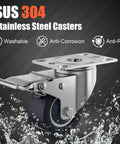 2 inch stainless steel caster wheels with total lock brakes, SUS 304 maintenance free heavy duty casters 4 pack close-up view.