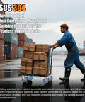 Person pushing a cart with boxes using 2 inch stainless steel caster wheels with total lock brakes, SUS 304 maintenance free heavy duty casters.