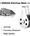 SUS316 Nylon Steel Rope Pulley System Wheel Outdoor Steel Pulley Smooth Cable Rigging Pulley Block Outdoor Suitable for 0.08 to 0.32 Inch Ropes 2Pcs with stainless steel rods.
