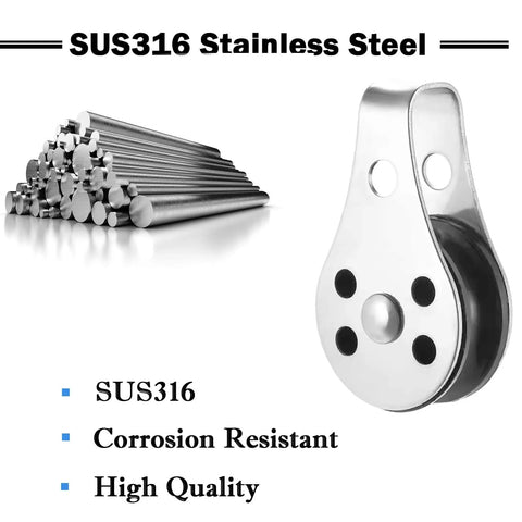 SUS316 Nylon Steel Rope Pulley System Wheel Outdoor Steel Pulley Smooth Cable Rigging Pulley Block Outdoor Suitable for 0.08 to 0.32 Inch Ropes 2Pcs with stainless steel rods.