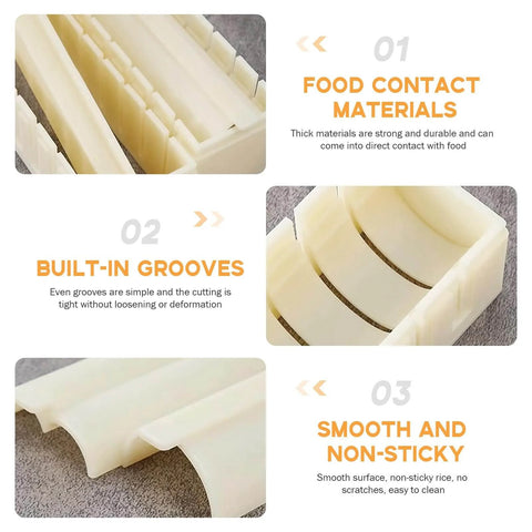 Complete Sushi Making Kit With 3 Shape Molds Rice Roller Tool And Spatula features durable food contact materials with built-in grooves.