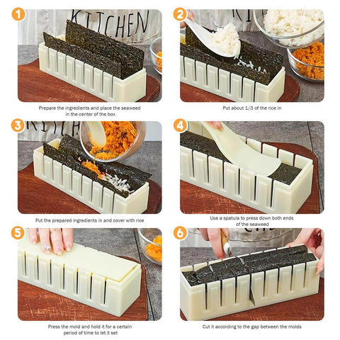 Steps to use Complete Sushi Making Kit With 3 Shape Molds Rice Roller Tool And Spatula For Pro Looking Home Rolls Create Maki Inside Out