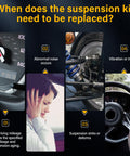 When to replace suspension kit: mileage, abnormal noise, suspension deformation, vibration seen with highlighted images.
