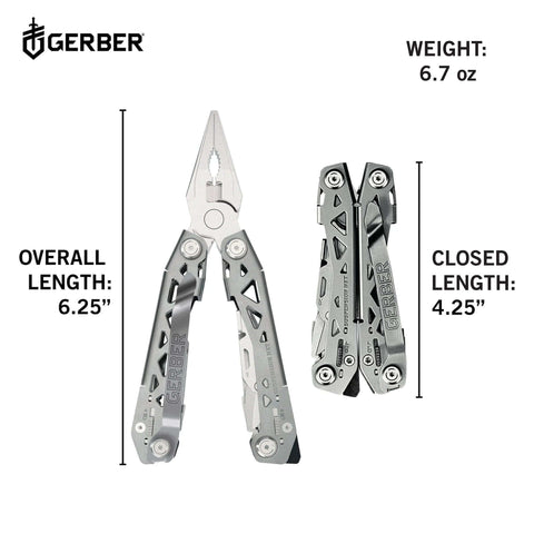 Suspension-NXT 15-In-1 EDC Multi Tool With Pocket Knife, stainless steel multitool open and closed view with size and weight info