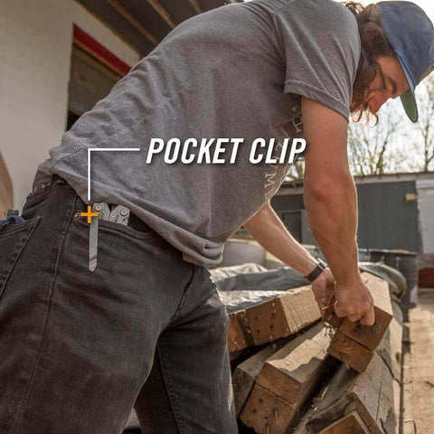 Man wearing Suspension-NXT 15-In-1 EDC Multi Tool With Pocket Knife and Needle Nose Pliers clipped to jeans pocket