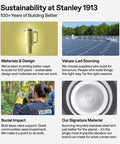 Sustainability at Stanley 1913 presentation on materials, sourcing, social impact, and use of recycled stainless steel.