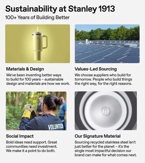 Sustainability at Stanley 1913 presentation on materials, sourcing, social impact, and use of recycled stainless steel.