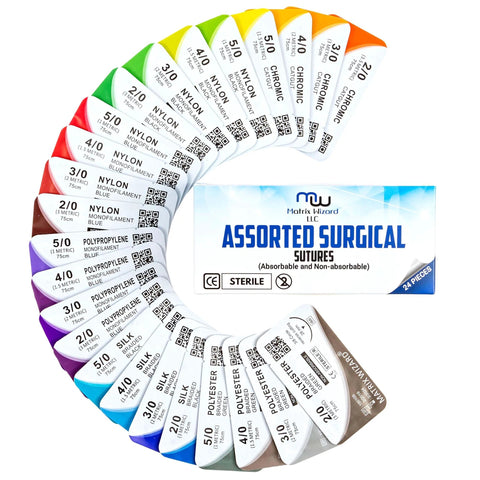 Mixed Suture Thread With Needle Set For Med Practice And First Aid Demos, 24 Thread Variety Pack In Sizes 2-0 To 5-0 displayed