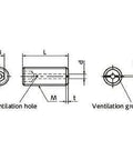 Technical diagram of SVTS-M4-6 NBK Hex Socket Set Vacuum Vented Screws with ventilation hole, made in Japan.