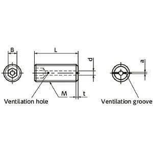 Technical diagram of SVTS-M4-6 NBK Hex Socket Set Vacuum Vented Screws with ventilation hole, made in Japan.