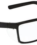 Swagger SR2 Safety Glasses With Detachable Side Shields Scratch Resistant Lenses, black frame, clear polycarbonate lenses, side view.