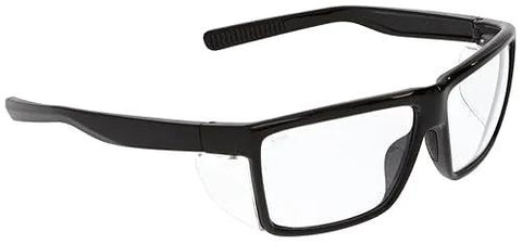 Swagger SR2 Safety Glasses With Detachable Side Shields Scratch Resistant Lenses, black frame, clear polycarbonate lenses, side view.