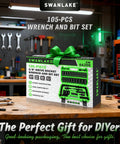 One Hundred Five Piece Three Eighths Inch Drive Impact Socket Set with 28 Metric and 16 SAE Sockets on workbench in garage.