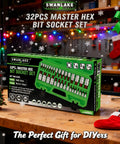 All Purpose Hex Bit Socket Kit With SAE And Metric Sizes In One Quarter Inch, Three Eighths Inch, And One Half Inch Drives, Forged From S2 And CrV Steel For Automotive And Machinery Repair, Swanlake 32 Piece Set on workshop table