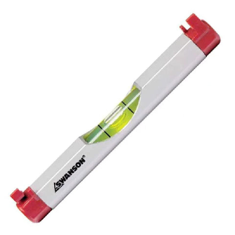 Compact 4 Inch Aluminum Line Level For Quick On The Job Or Home Projects With Tough Aluminum Build And Precision Vial For Accurate Readouts Swanson Tool, shown with red end caps and clear vial for leveling.