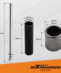 Swing Arm Bolt On Bushing Kit With Shaft Pivot Bolt And Bearing Seal Set For Honda TRX400EX 1999 2008 And TRX400X 2009 2014 Heavy Duty Replacement Parts With Needle Bearing Shafts And Composite Washer Bearings; metal shaft, bushing, and bearing dimensions shown.