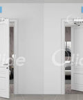 Auto Swing Door Opener With Remote Control, Push Button Entry, shown installed on two white doors, inswing and outswing operations visible.