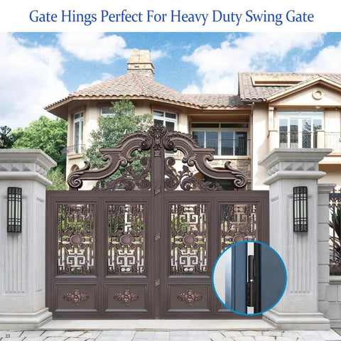 Heavy-duty swing gate with 5 Inch Heavy Duty Gate Hinges-2 Pack Black Iron Door Hinges Barrel Style for Swing Gates, Trailer Ramp Gate 480 Lbs Capacity-Weld On Install