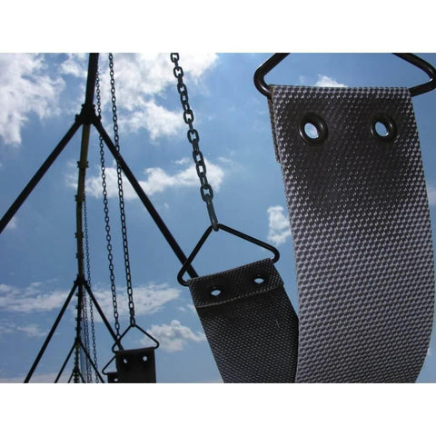 Playground swings with chains against a blue sky, featuring 1/4 x 15 ft. Zinc-Plated Straight Link Coil Chain 520 lb. Safe Working Load, 519171.