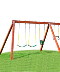 Outdoor swing set on grass with multiple swings attached, showcasing Heavy Duty Swing Hangers With Bearings Set Of 2 for wood and metal beams.