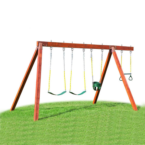 Outdoor swing set on grass with multiple swings attached, showcasing Heavy Duty Swing Hangers With Bearings Set Of 2 for wood and metal beams.