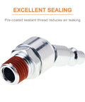 Close-up of a Swivel Air Tool Fittings One Quarter Inch NPT Male Connectors For Quick Connect Hose Systems, 360 Degree Rotatable Industrial Pneumatic Plugs, showcasing pre-coated sealant thread for excellent sealing.