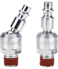 Swivel Air Tool Fittings One Quarter Inch NPT Male Connectors For Quick Connect Hose Systems, two connectors shown