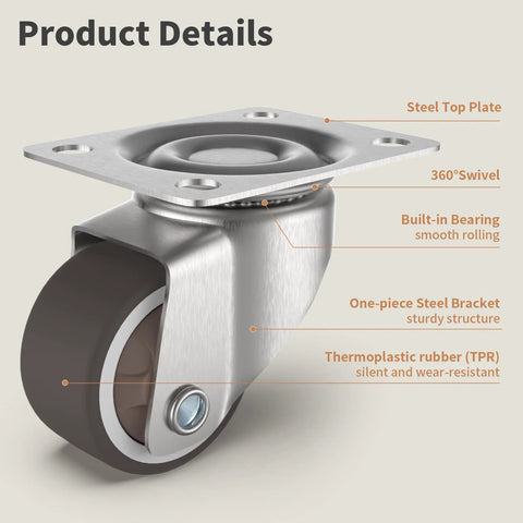 1 Inch Swivel Plate Casters With Low Profile TPR Silent Wheels For Furniture Mounting On Wooden Side Tables Shelving Units And Plant Stands 1.5 Inch Overall Height Top Plate 1.5 By 1 Inches Pack Of 4, showing detailed components