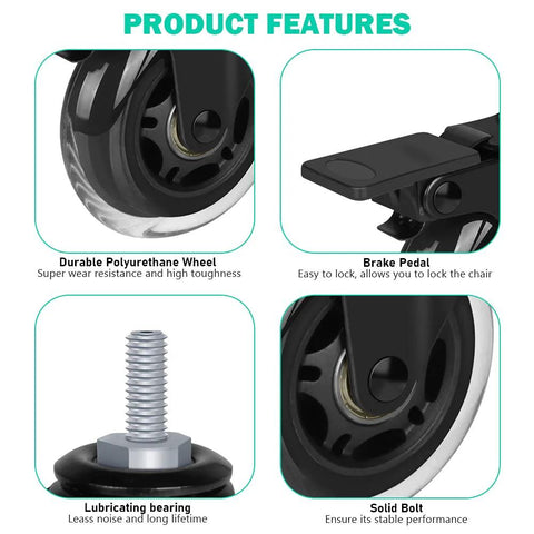 Three Inch Swivel Caster Set With Five Sixteenth Inch Threaded Stem Eighteen UNC Heavy Duty Casters For Hardwood Tile And Carpet Floors Includes Two Lockable Casters With Brakes And Three Standard Casters With Lock Nuts product features