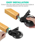 Installation of Threaded Stem Casters 5/16-18UNC With Brake, showing attachment to wooden furniture piece