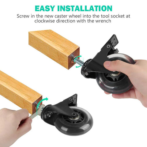 Installation of Threaded Stem Casters 5/16-18UNC With Brake, showing attachment to wooden furniture piece