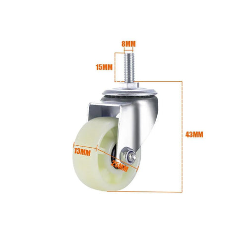 Swivel Caster Wheels for Shelves Heavy Duty 1 Inch Black Polyurethane Wheels with Threaded Stem and size measurements visible