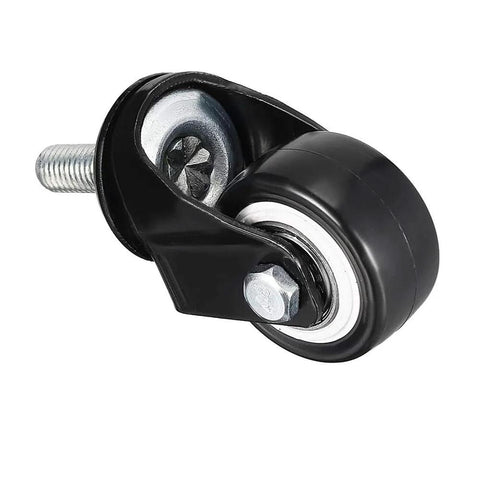 Close-up of 1.5-inch black polyurethane caster wheel with threaded M8 stem, part of Four Pack of 1.5 Inch Swivel Caster Wheels PU 360 Degree Threaded Stem M8 by 25mm Black Polyurethane Wheels 40mm Diameter Each 50kg Load Per Wheel Total 330lb Capacity Ideal For Carts Cabinets Tool Totes And Light Duty Trolleys