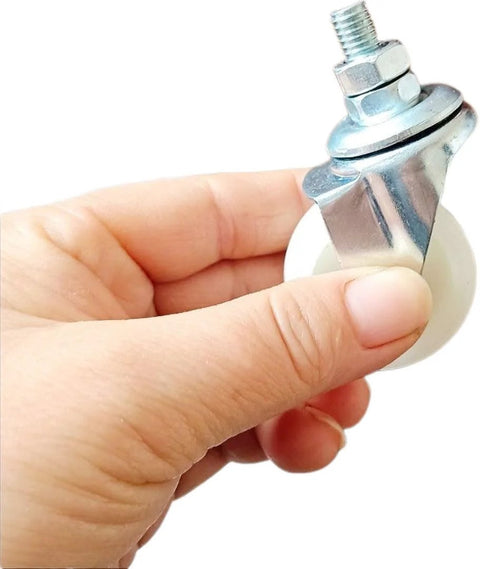 Person holding Swivel Caster Wheels for Shelves Heavy Duty 1 Inch Black Polyurethane Wheels with Threaded Stem Mount