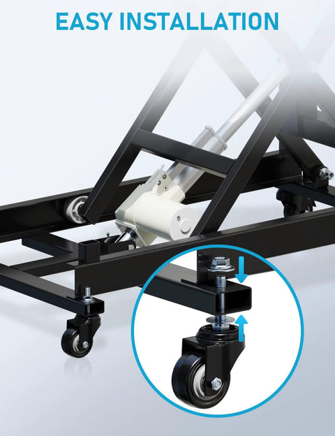 Two Inch Swivel Caster Wheels Set Of Four Heavy Duty 440 Lb Capacity installed on a black metal trolley with easy installation guide