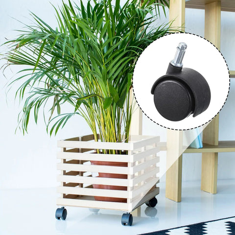 Five Pieces One Point Five Inch Swivel Caster Wheels Set With M8 Circlip Stem 360 Degree Black Plastic Casters shown on plant stand