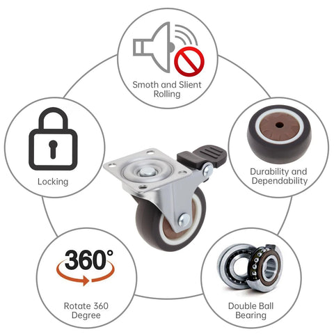 1.5 Inch Plate Swivel Caster Wheels Set Of 4 With Quiet Rubber Wheels And Locking Brakes, 220 Lbs Total Load Capacity, shown with features