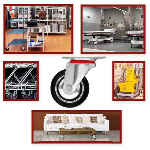 3 Inch Heavy Duty Swivel Caster Wheels 4 Pack with Rubber Base and Double Ball Bearings for Furniture and Carts shown in various settings